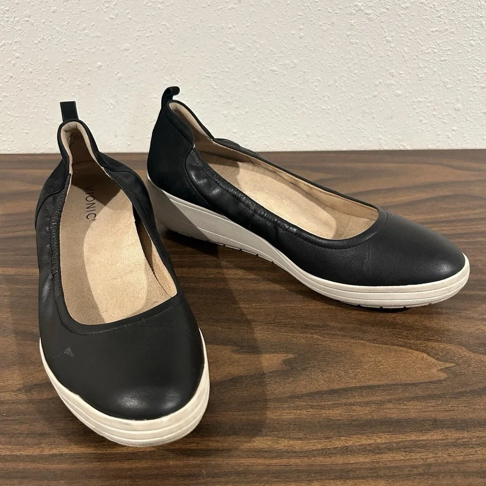 Vionic Jacey Wedge Ballet Shoes Women 9.5M Black Leather Comfort Slip On Office